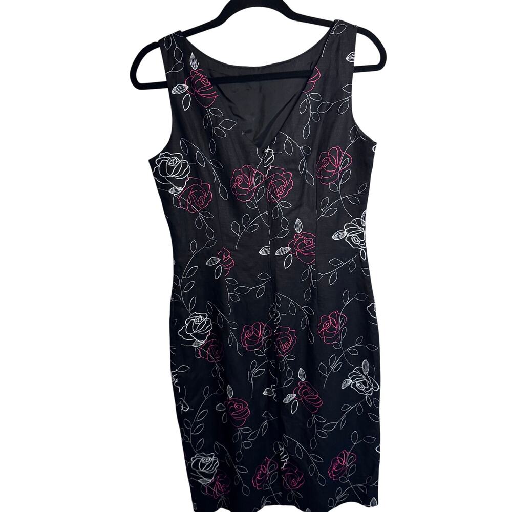 Maggy London Linen Blend Embroidered Rose Floral Sheath Dress Black Size 6